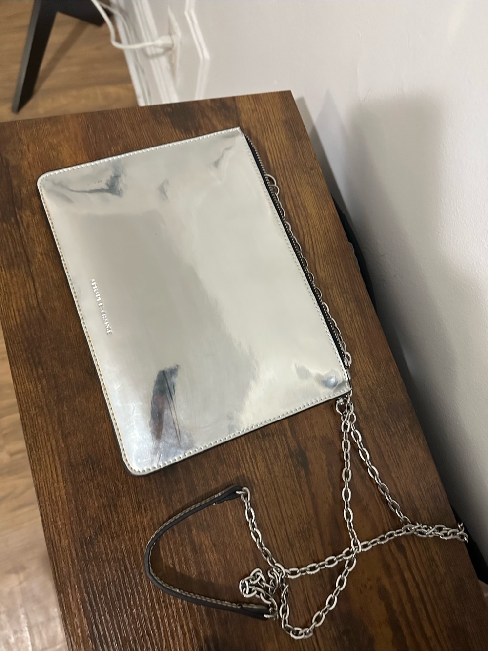 Silver metallic flat pouch purse with Chain Strap